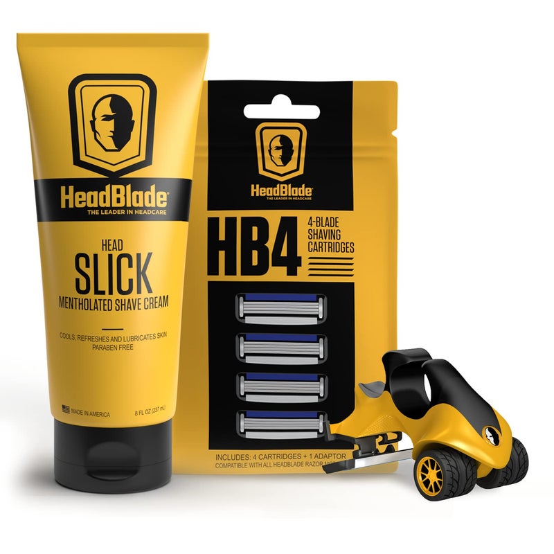 HeadBlade ATX Men's Head Shaving Basics Bundle with 8oz HeadSlick Cream, Razor, Blade Refills - Close Shave Kit with An Easier and Faster Shave - Image 1